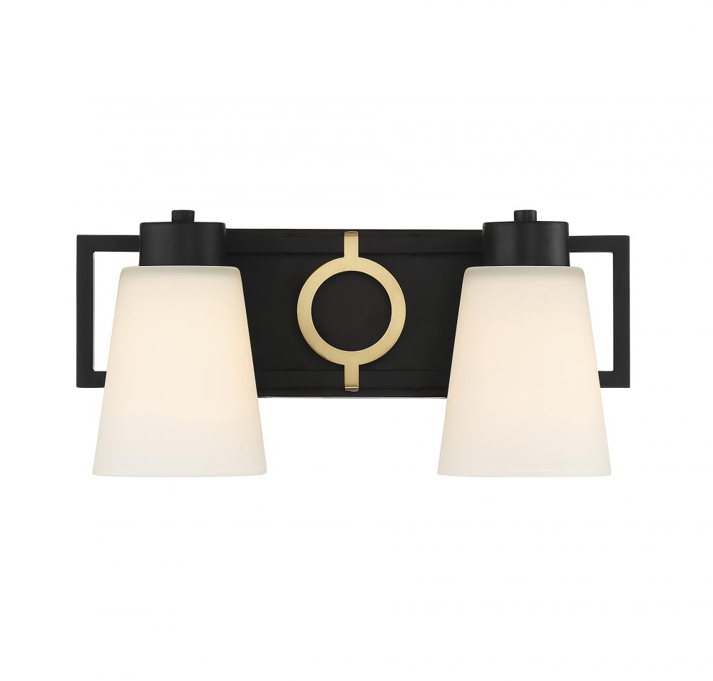 Russo 2-Light Bathroom Vanity Light in Matte Black with Warm Brass Accents
